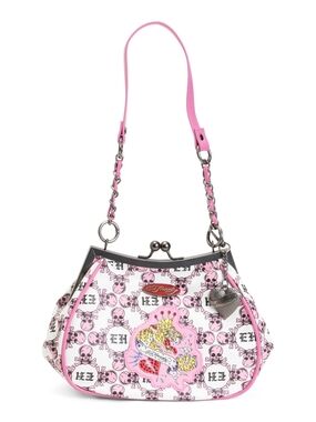 Ed Hardy Pink and White Skull-Print Shoulder Bag with Chain Strap